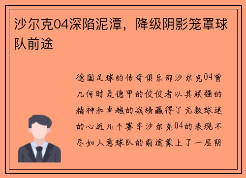 沙尔克04深陷泥潭，降级阴影笼罩球队前途